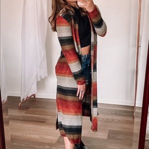 Long Orange Striped Open Front Cardigan